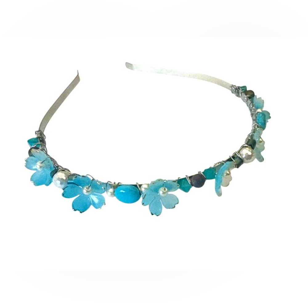 Fairy Headband with Lucite Flowers, Turquoise, Hematite and Glass Pearls - Picture 7 of 8